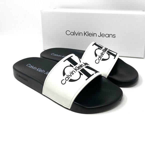 Calvin Klein | Shoes | Sale Calvin Klein Mavett Monogram Slide Sandal White  Black Mens Sizes | Poshmark